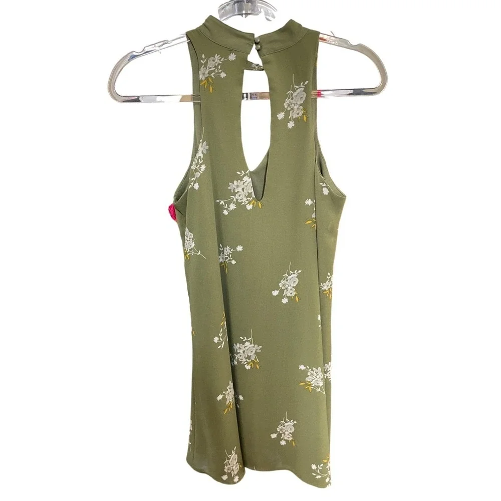 Miami Womens XS Olive Green Floral High Neck Cutout Sleeveless Dress Cottagecore
